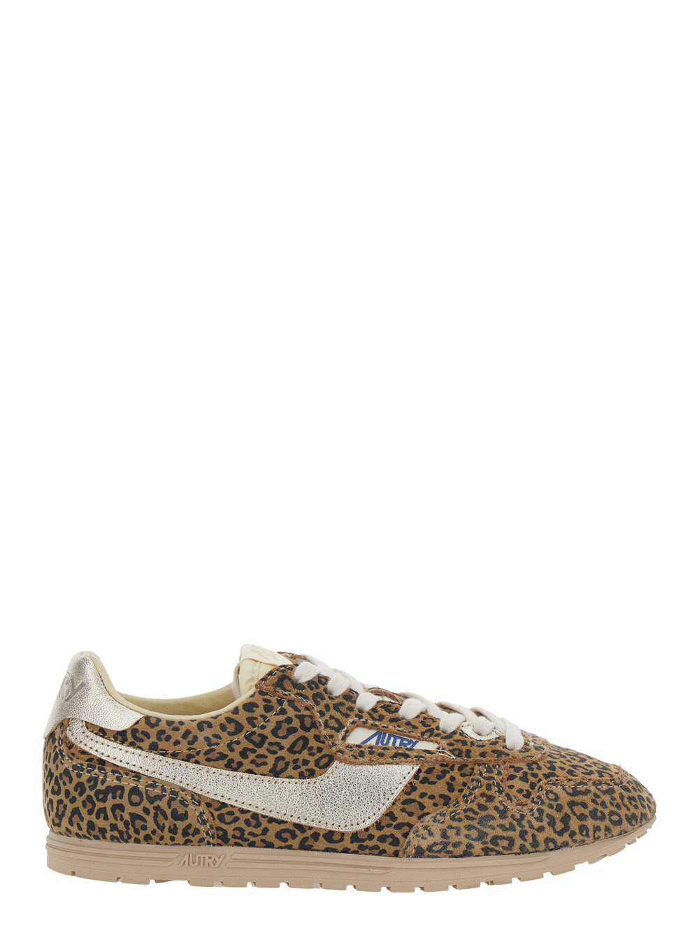 Autry Women's Brown Windspin Sneakers With Leopard Motif In Suede Cow Metallic Nylon