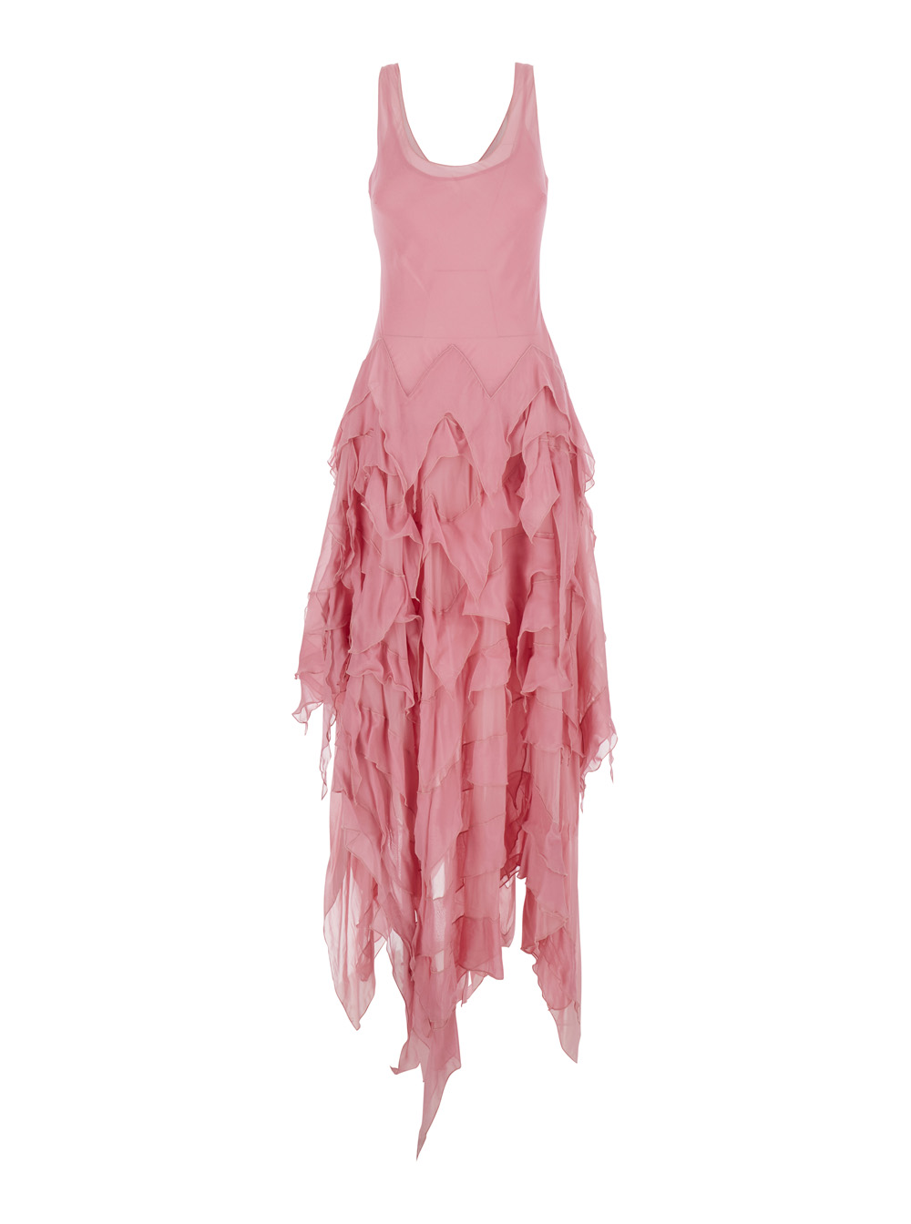 Blumarine Women's Pink Long Chiffon Dress Look43 With V-Neck And Ruffles Viscose