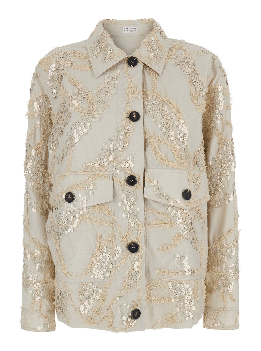 Brunello Cucinelli Women's Beige Jacket With Classic Collar And All-Over Sequin Decoration In Cotton Blend Polyamide Blazers
