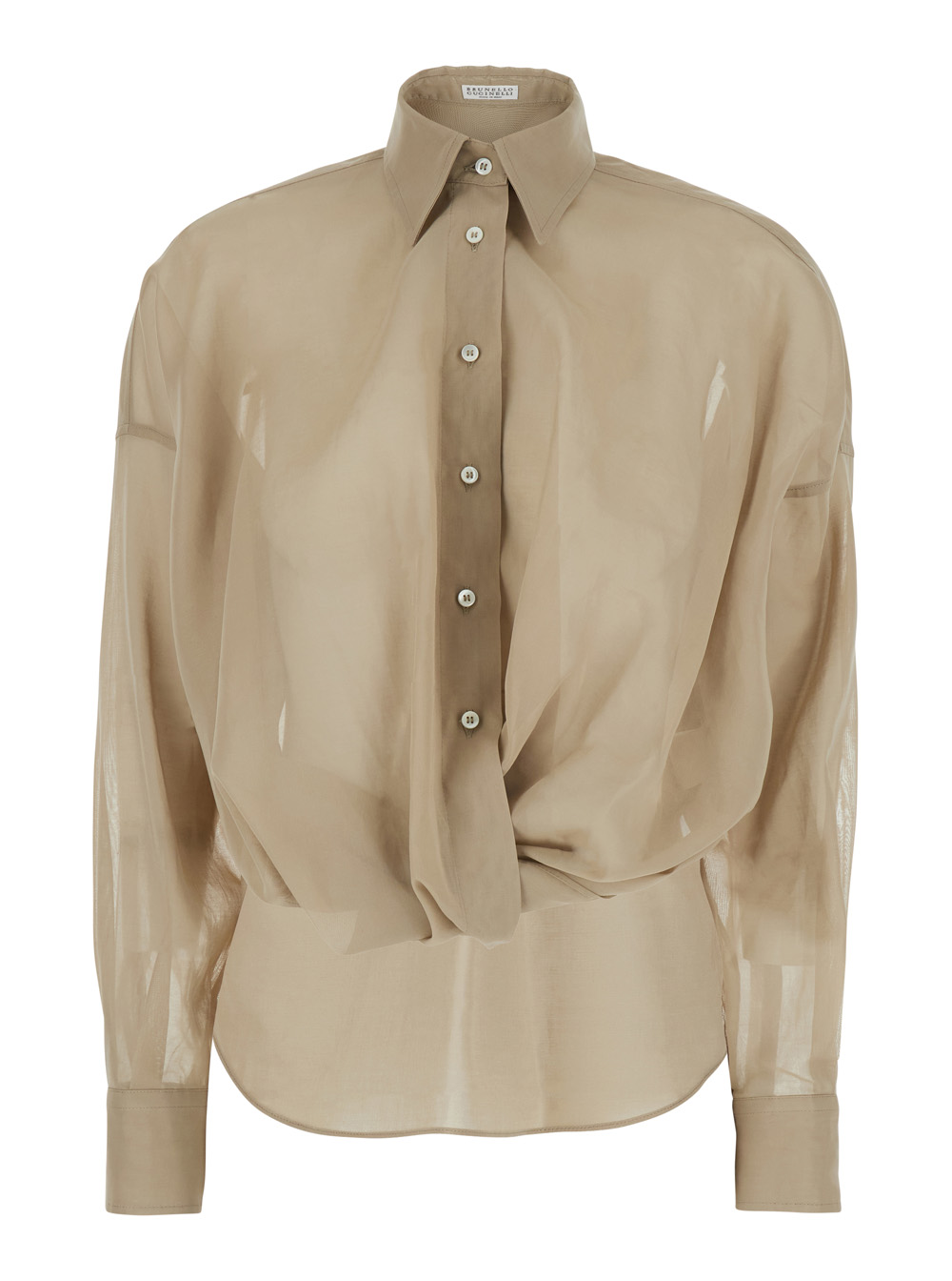 Brunello Cucinelli Beige Shirt with Classic Collar and Draping on the Front In Cotton for Women Blouses – Women