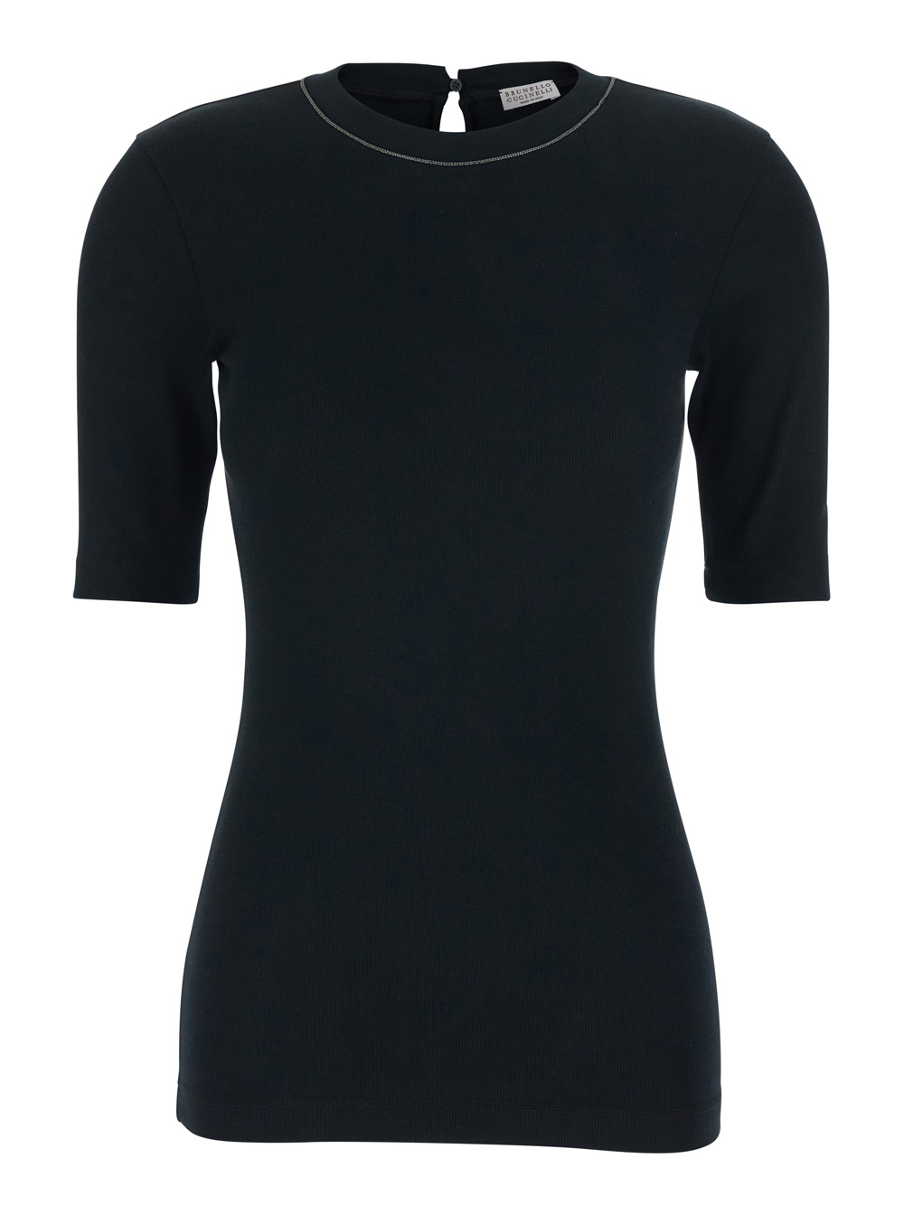 BRUNELLO CUCINELLI Brunello Cucinelli Black T-Shirt with Round Neck and Three-Quarter Sleeves in Cotton for Women Elastane Tshirts Polo Shi