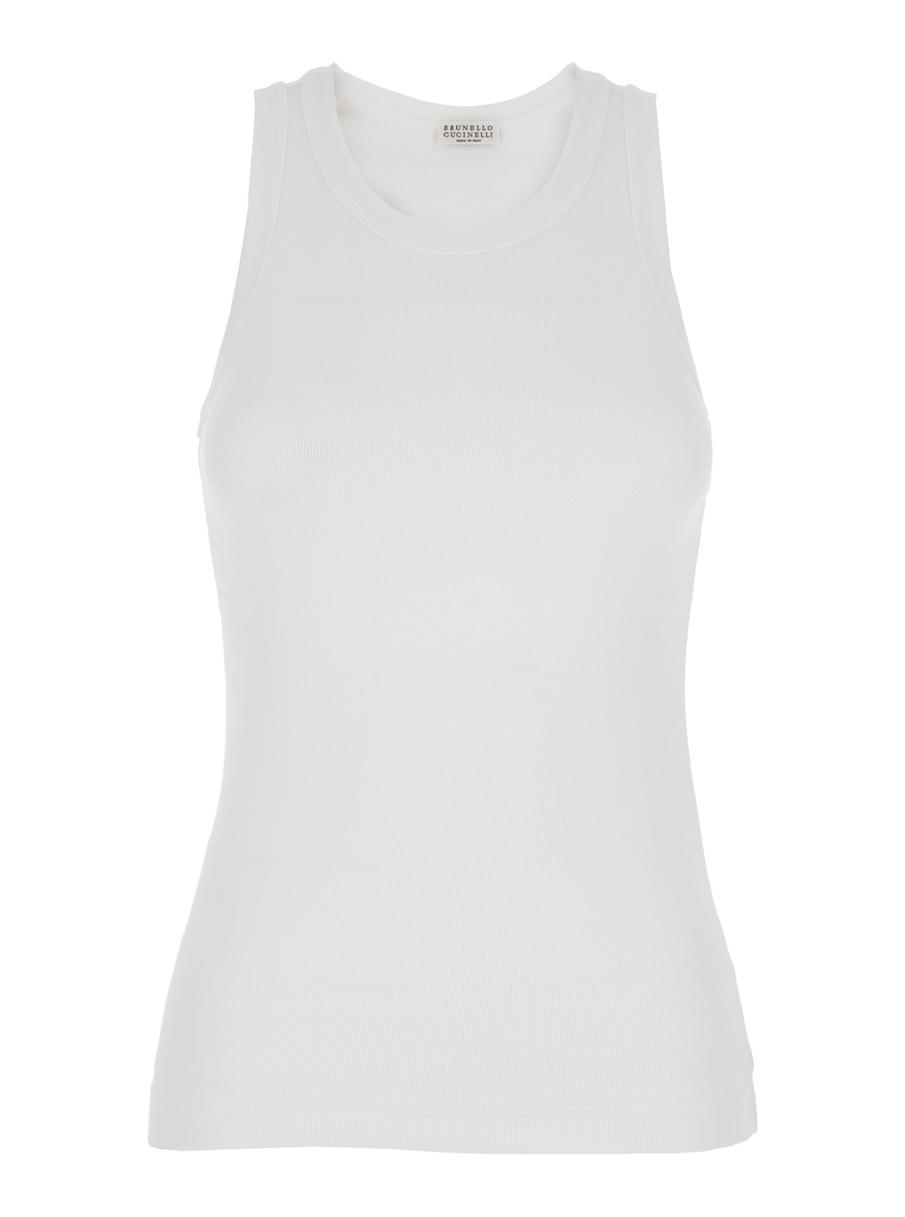Brunello Cucinelli Women's White Crew Neck Top With Monile Detail On The Front In Stretch Cotton For Elastane Tops