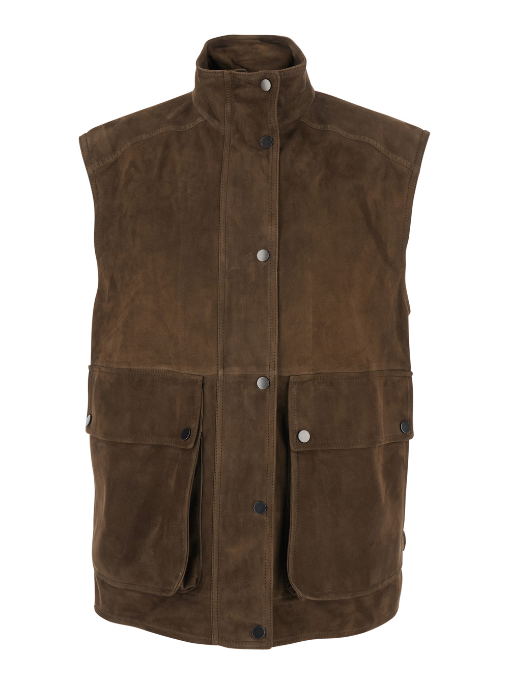 Brunello Cucinelli Brown Gilet with High Collar and Two Front Pockets In Leather for Women Lamb Blazers – Women
