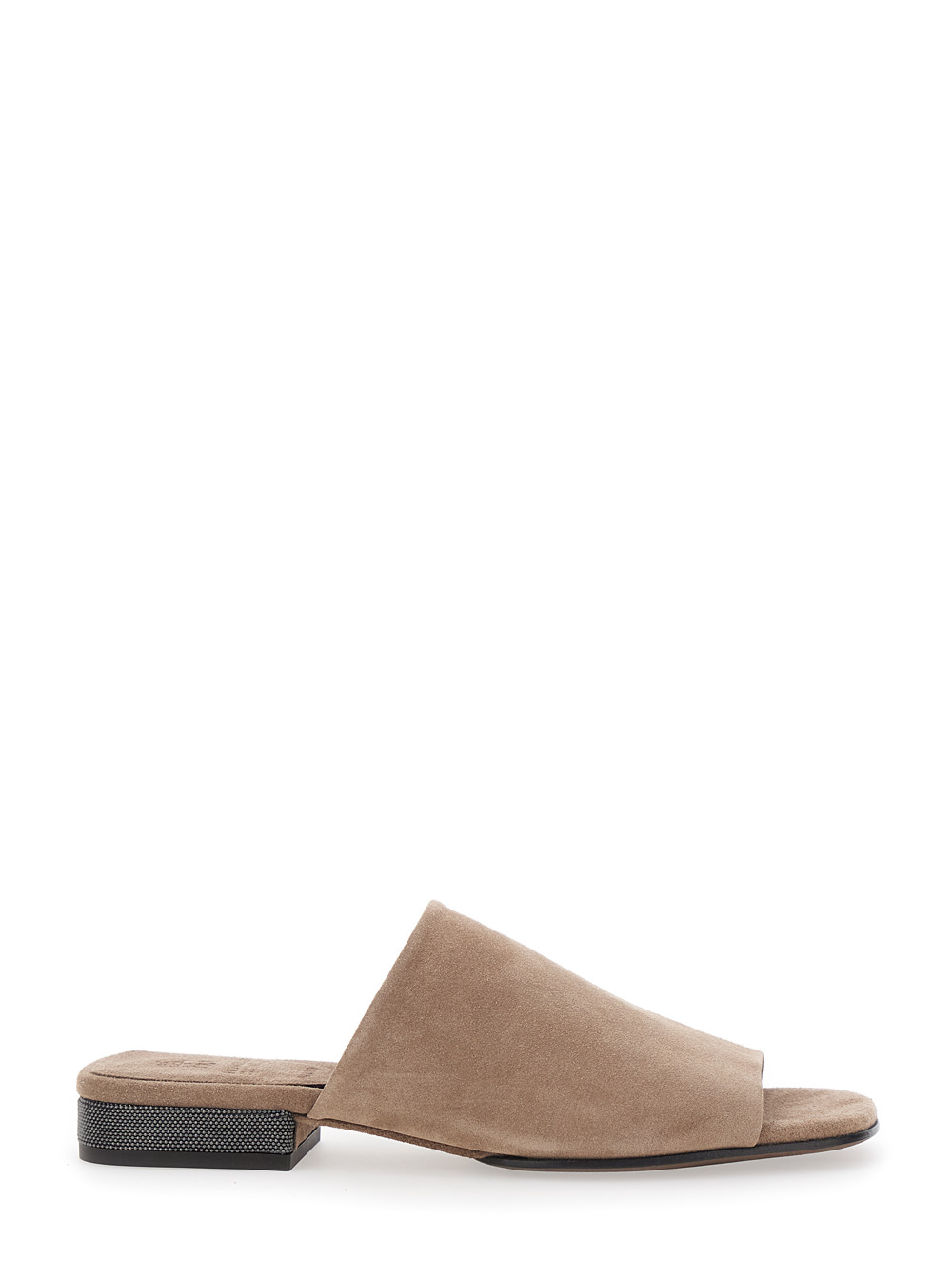 Brunello Cucinelli Women's Beige Suede Sandals With Monile Detail On The Heel Calf Flat Shoes