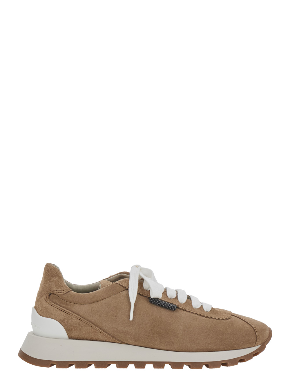 BRUNELLO CUCINELLI Brunello Cucinelli Low Top Sneaker with Monile Detail on the Side and Lettering Logo Tongue in Brown Suede for Women Cal