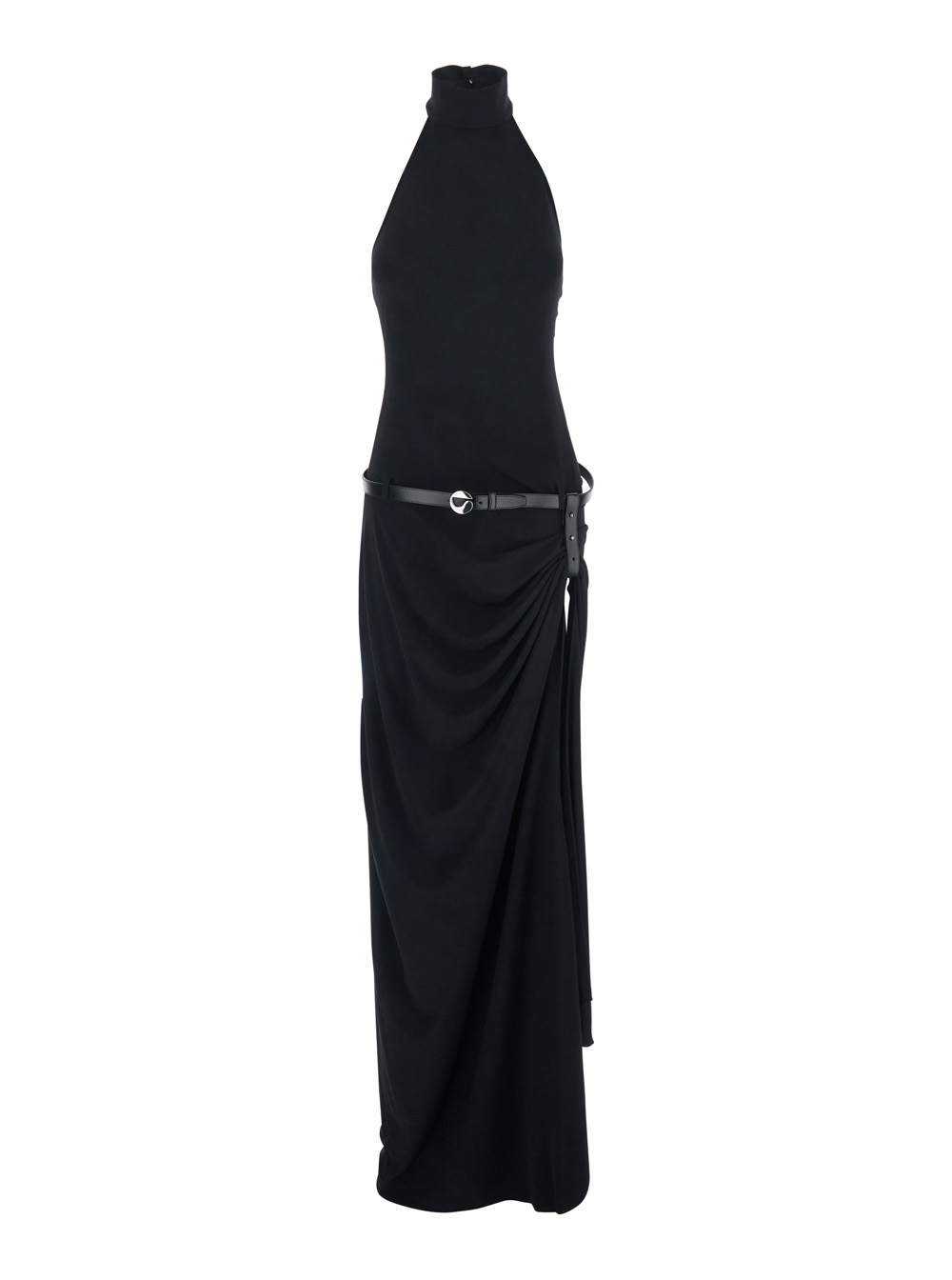 Coperni Women's Black Long Dress With Open Back And Logo Belt At Waist In Fabric For Polyester Elastane