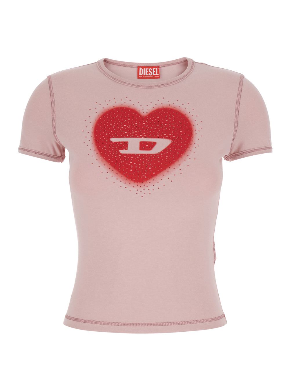 Diesel Women's Pink Round Neck T-Shirt With Front Print And Bead Details In Cotton For Elastane Tshirts Polo Shirts