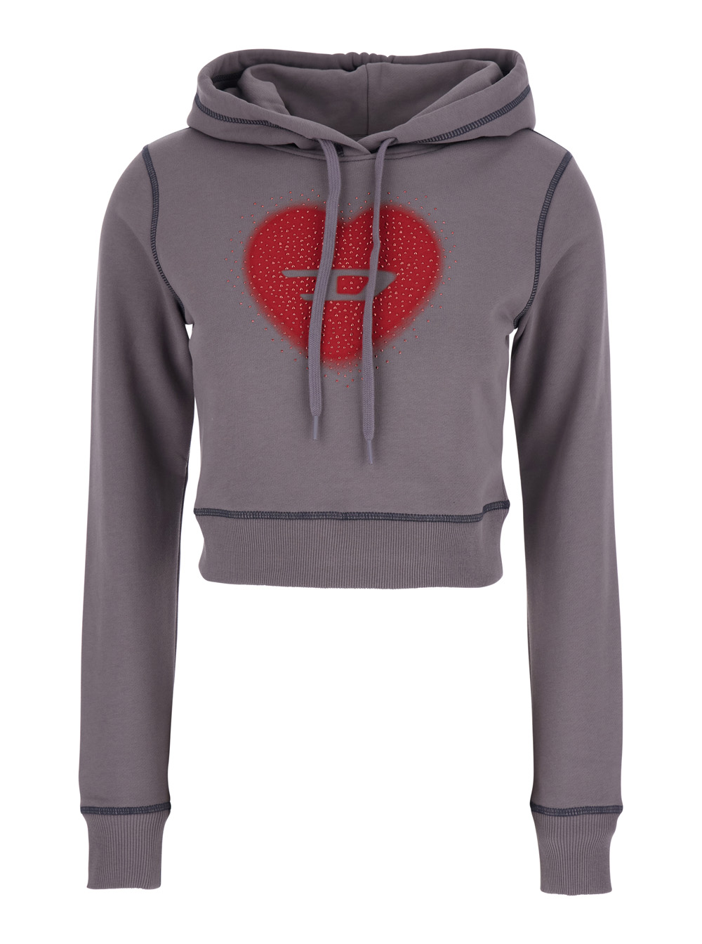 Diesel Women's Grey Gray Crop Hoodie With Drawstring And Rhinestone Heart On The Front In Cotton For Sweatshirts