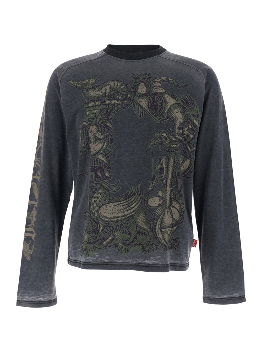 Diesel Men's Grey Gray T-Shirt With Long Sleeves And Print On The Front In Cotton Blend For Polyester Tshirts Polo Shirts