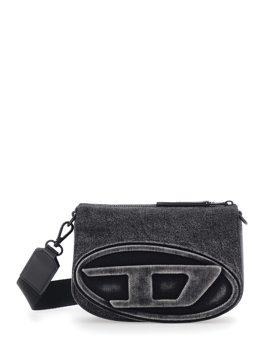 Diesel Men's Black 1Dr Crossbody Bag With Oval D Logo On The Front And Adjustable Removable Shoulder Strap In Cotton Blend Man Pmu