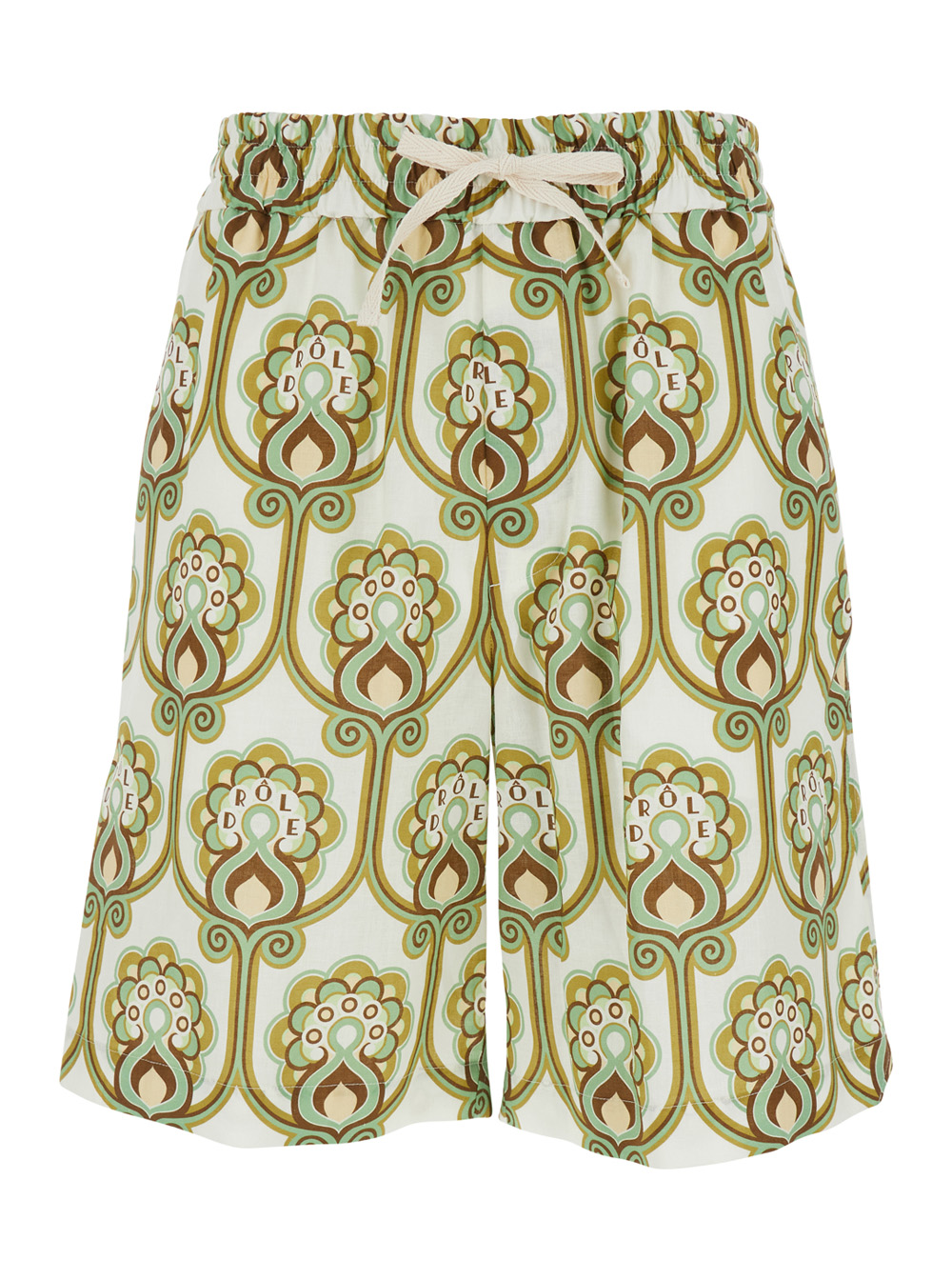 Drôle De Monsieur Men's Green Linen Blend Drawstring Shorts With All-Over Print For Cotton And Bermuda
