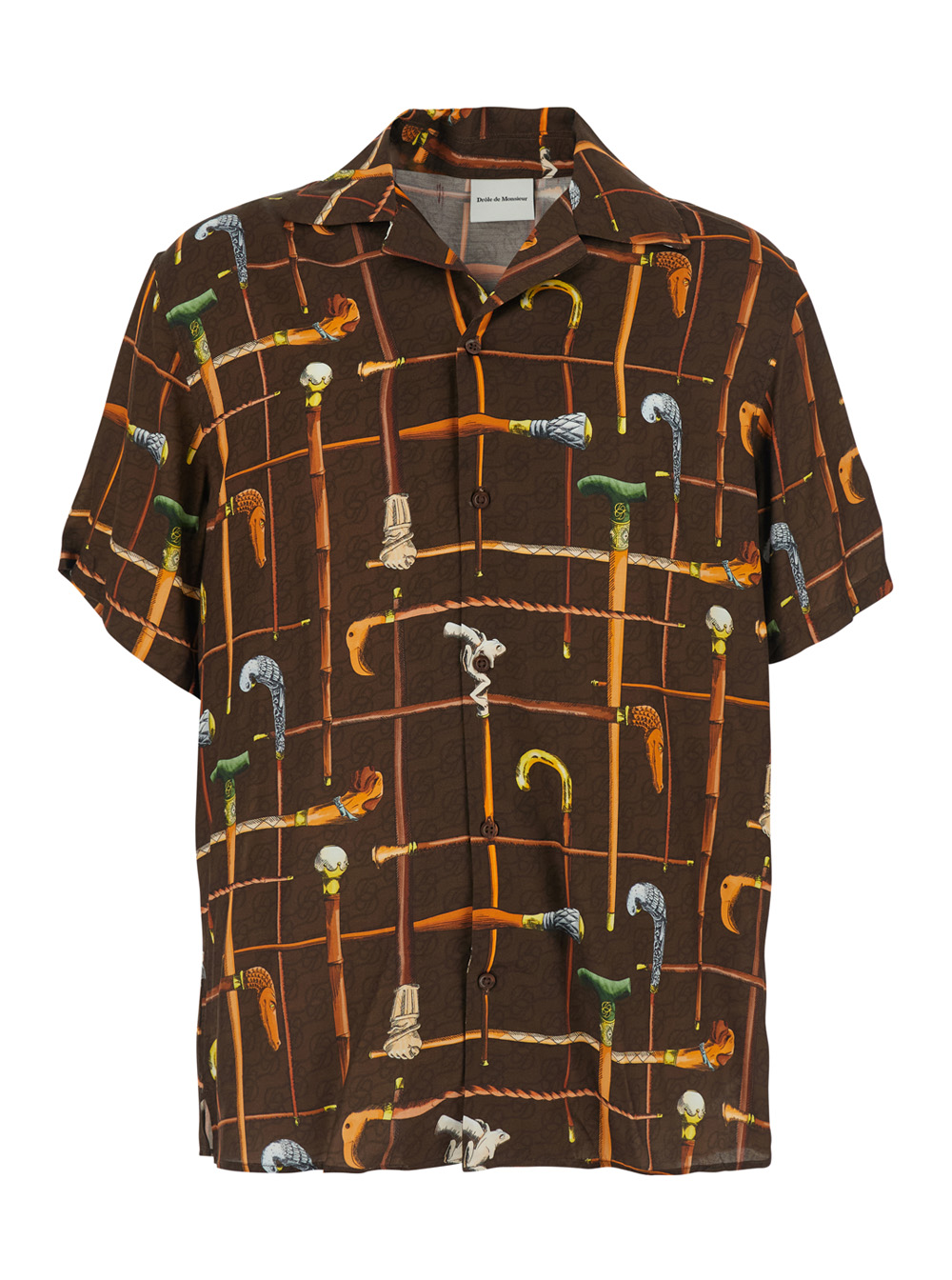 Drôle De Monsieur Men's Brown La Chemise Cannes Bowling Shirt With Cuban Collar And All-Over Print Viscose For Blouses