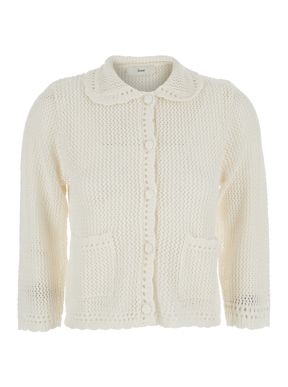 Dunst Women's White Collared Crochet Knit Cardigan Sweater With Collar And Long Sleeves Linen Cotton For Jersey