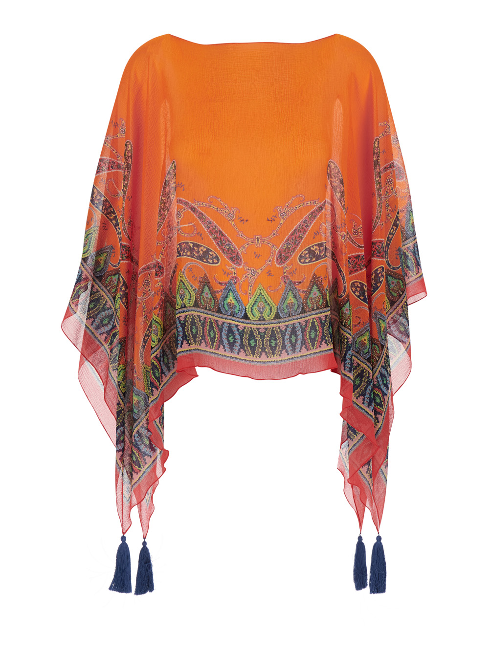 ETRO Etro Orange Cape with Front and Back Print Silk Tassel Detail for Women Outerwear - Women　エトロ オレンジ ケープ フロントとバック プリント シルク