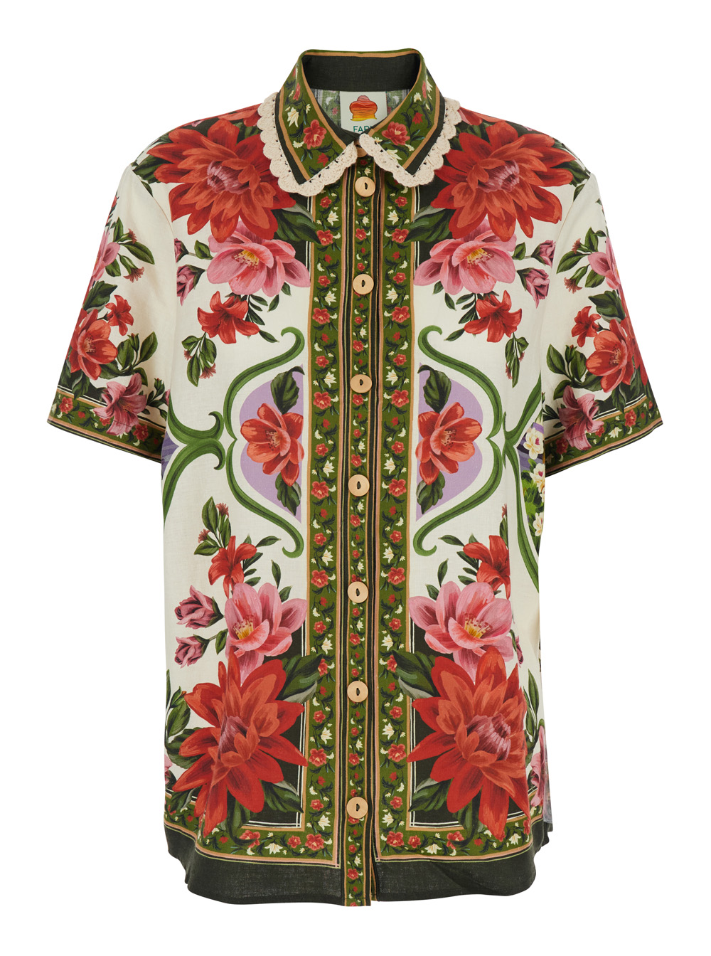 Farm Rio Women's Multicolor Wonder Shirt With Classic Collar Lace Embroidery And All-Over Floral Motif In Linen Blend For Viscose Blouses