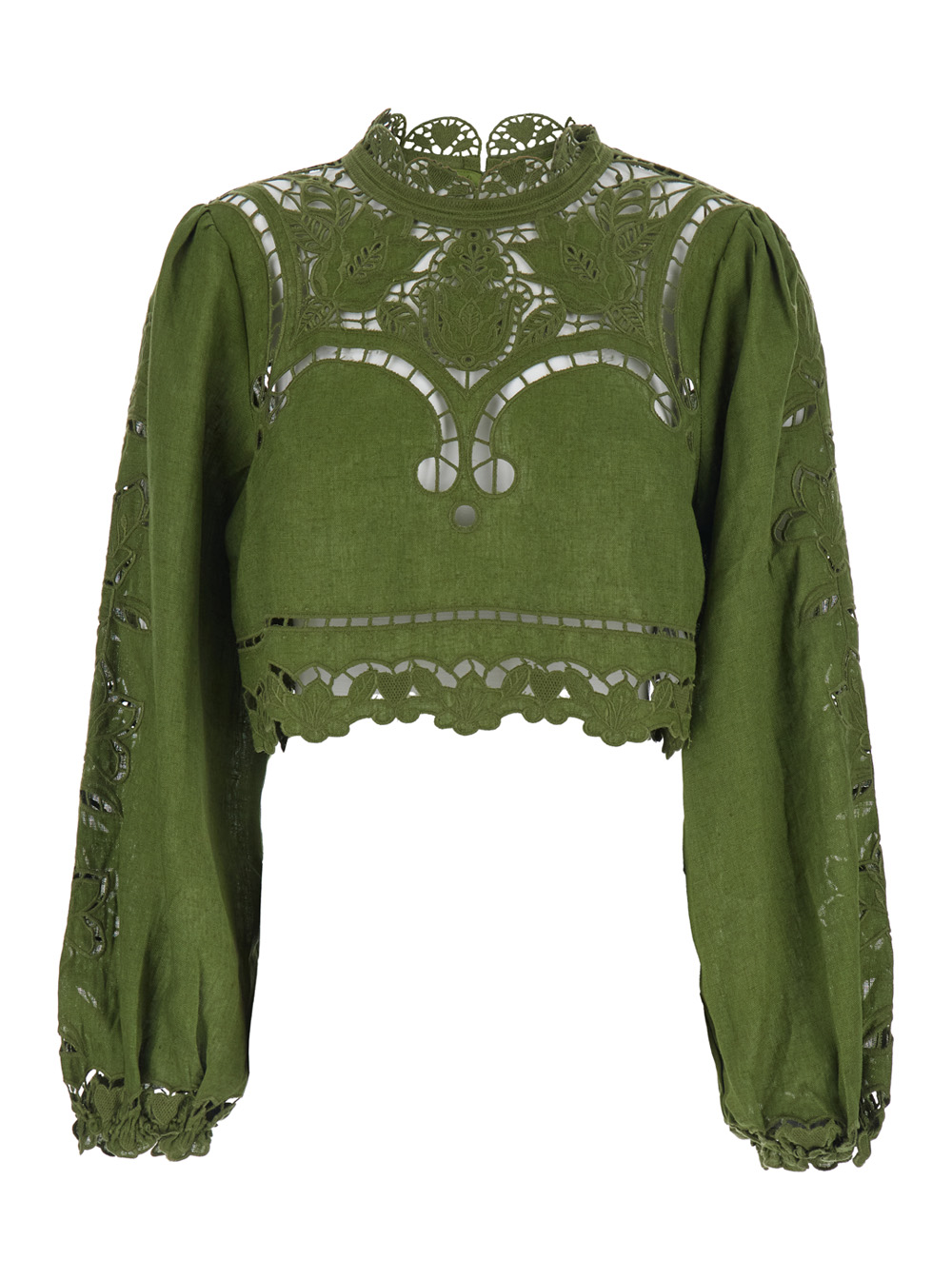 Farm Rio Women's Green Crop Blouse Majestic Garden Crew Neck With Floral Cut-Out And All-Over Embroidery In Linen For Shirts Blouses