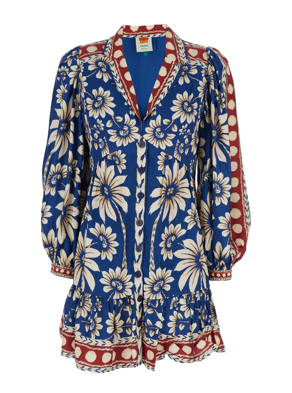 Farm Rio Women's Blu Midi Dress Luna With V-Neck And All-Over Floral Motif In E Viscose For