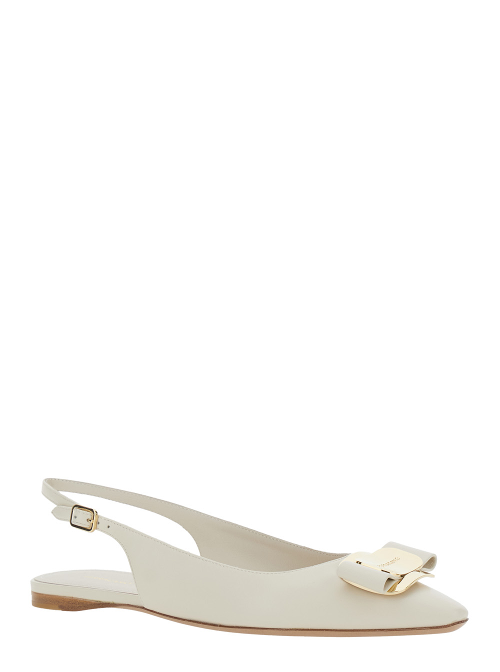 Ferragamo Women's White Zelmi Slingback Ballet Shoes With Logo Plate On The Front In Leather For Lamb Ballerinas