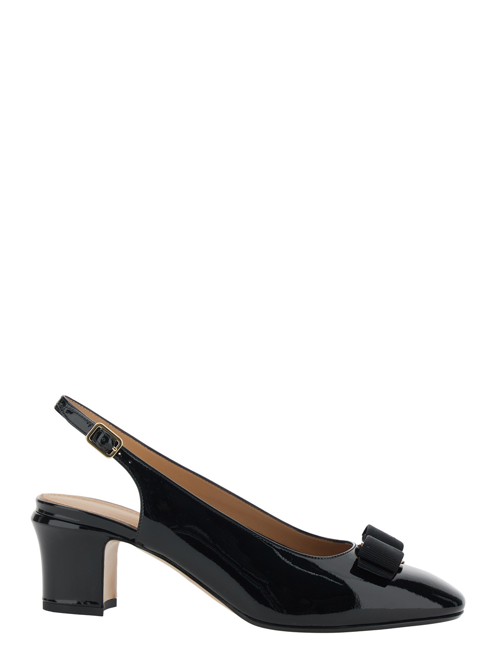Ferragamo Women's Black Vetty Pumps With Logo Plate On The Front And Low Block Heel In Leather Woman Calf Heels