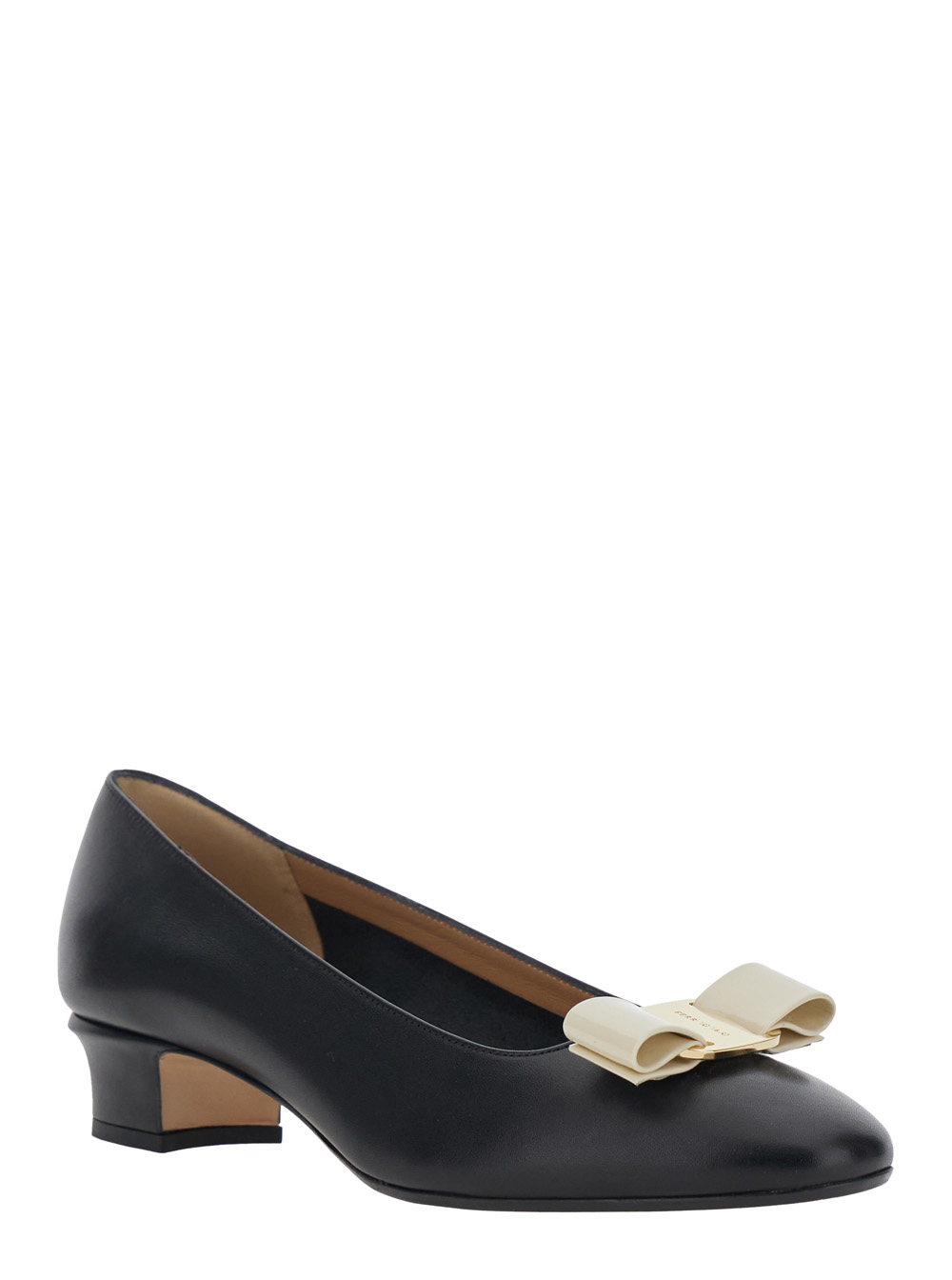Ferragamo Women's Black Vara 2.0 Pumps With Block Heel And Logo Plate On The Front In Leather Woman Calf Heels