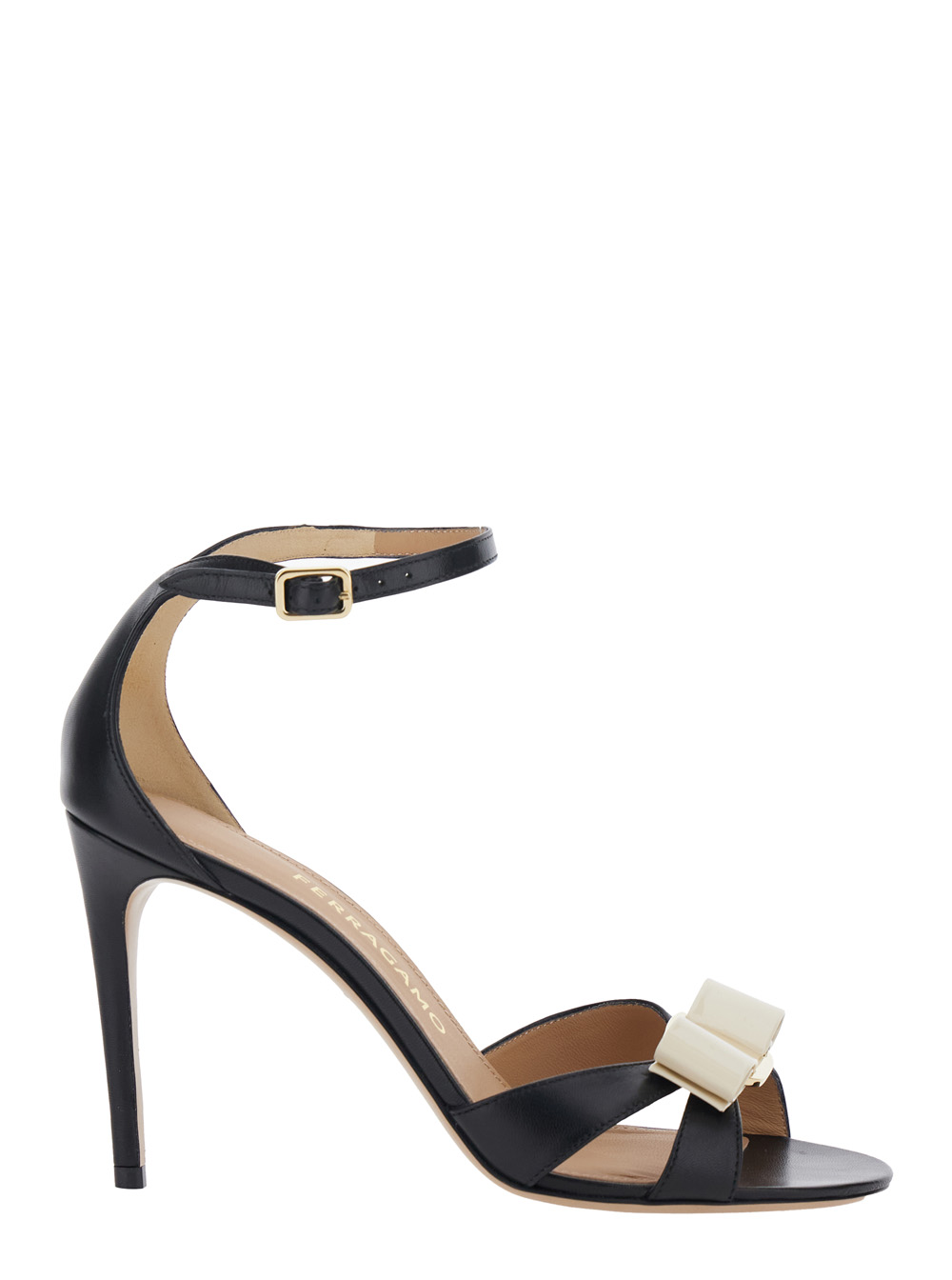 Ferragamo Women's Black Vara Heel Sandal With Bow Detail On The Front In Leather Woman Goat Calf Heels