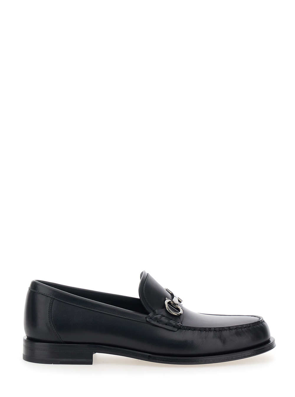 Ferragamo Men's Black Loafers With Gancini Metal Detail On The Front In Leather Man Calf