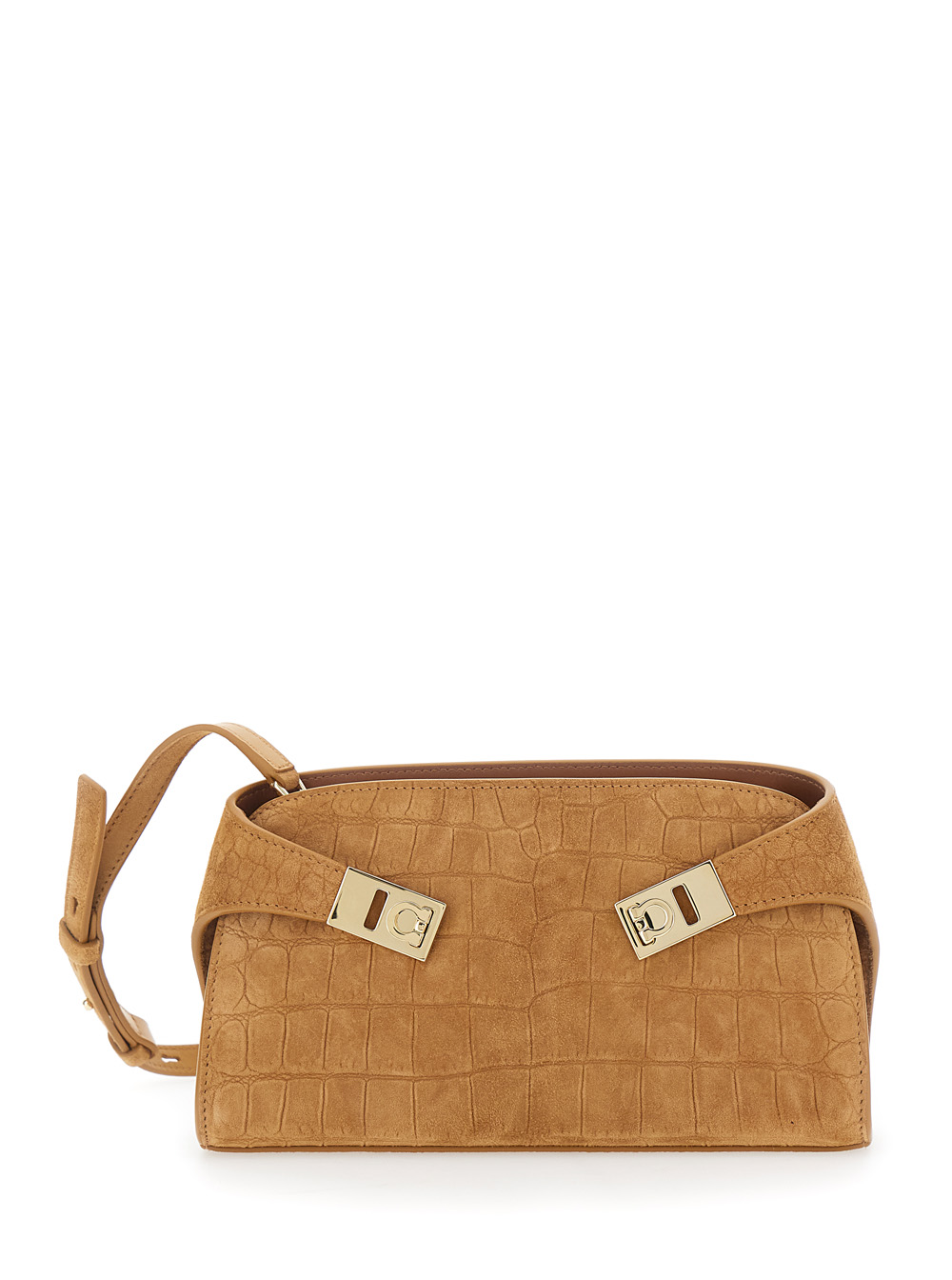 Ferragamo Women's Beige Crossbody Bag Hug With Gancini Buckle In Suede Goat