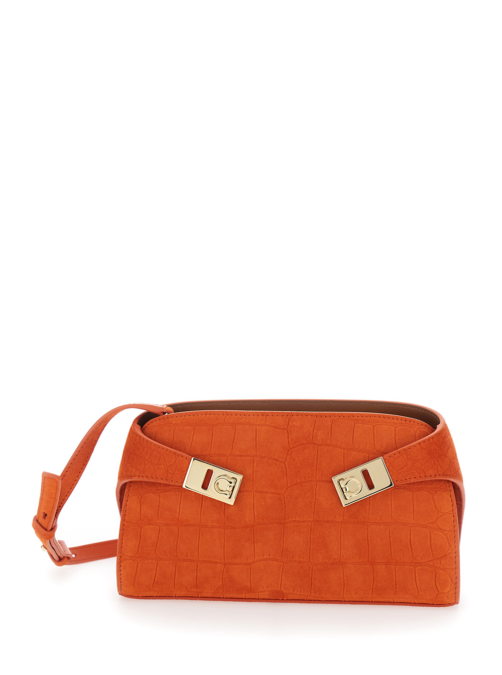 Ferragamo Women's Orange Hug Shoulder Bag With Gancini Buckles In Suede For Goat Crossbody