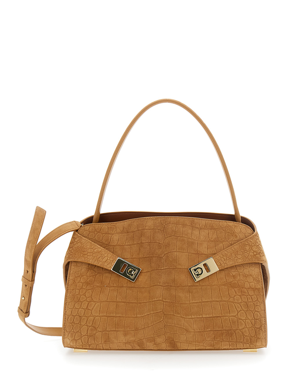 Ferragamo Women's Beige Ginevra Shoulder Bag With Adjustable Strap And Crocodile-Embossed Effect In Suede For Goat