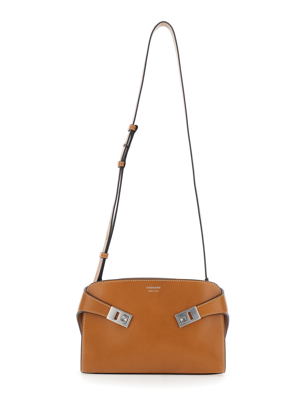 Ferragamo Men's Brown Messenger Hug Crossbody Bag With Lettering Logo And Gancini Buckles In Leather Man Lamb