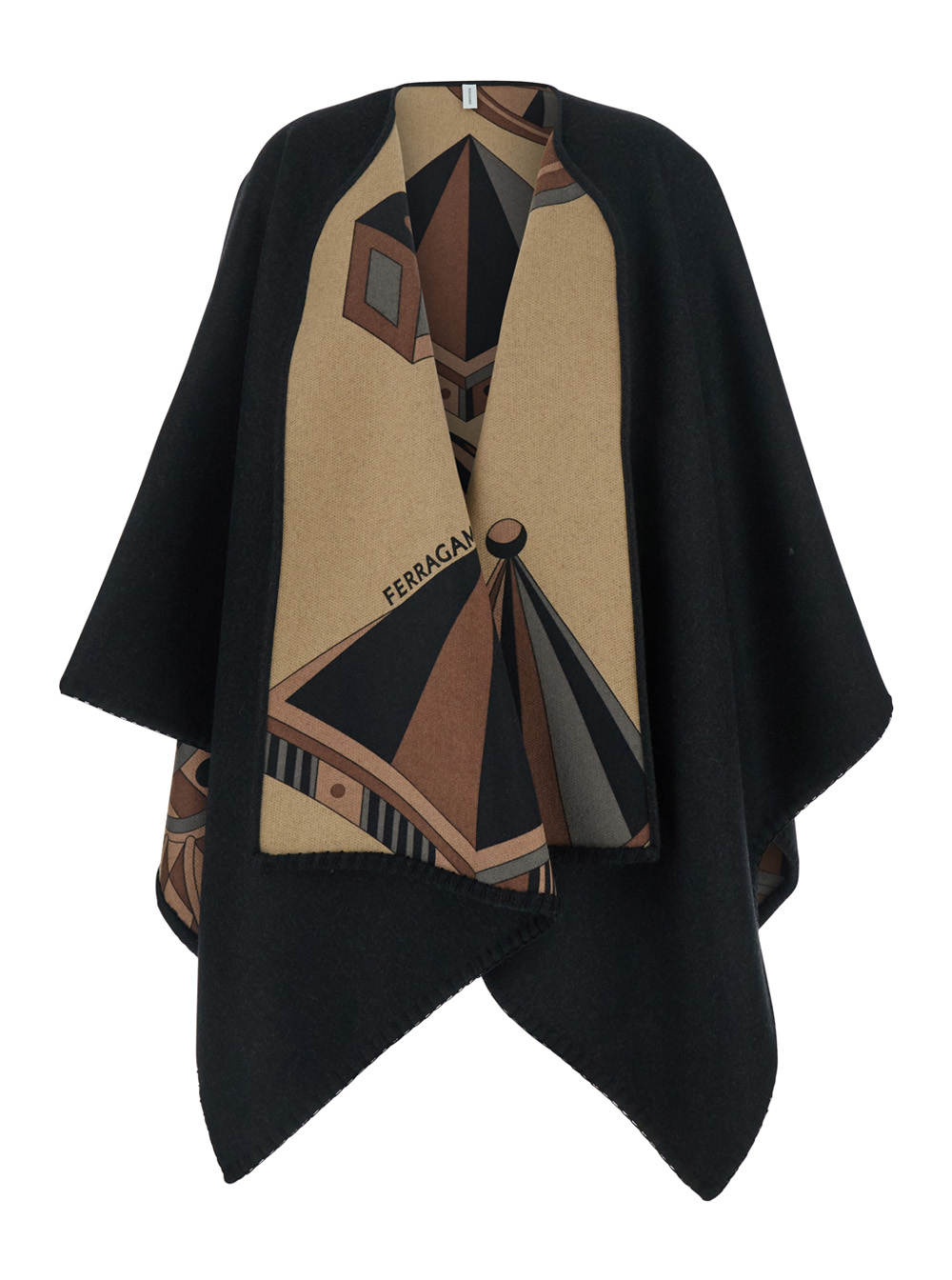 Ferragamo Black Reversible Cape with Nadir Print and Logo Lettering on the Front in Cashmere Wool for Women Outerwear – Women