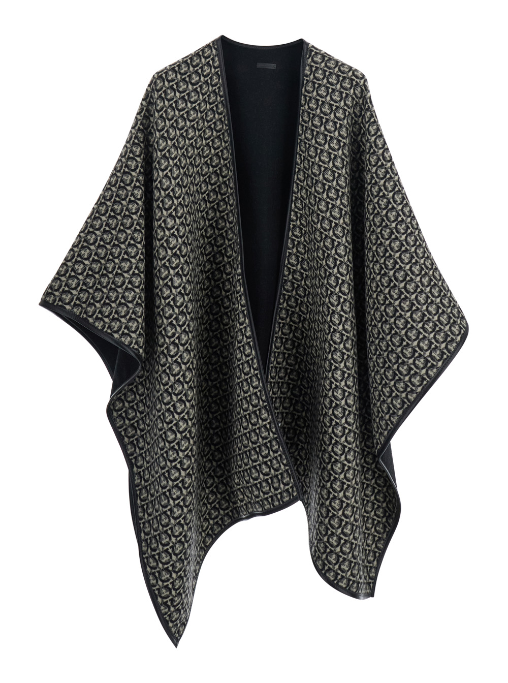 Ferragamo Black Reversible Cape with All-Over Ganicini Motif in Wool Woman Calf Outerwear – Women