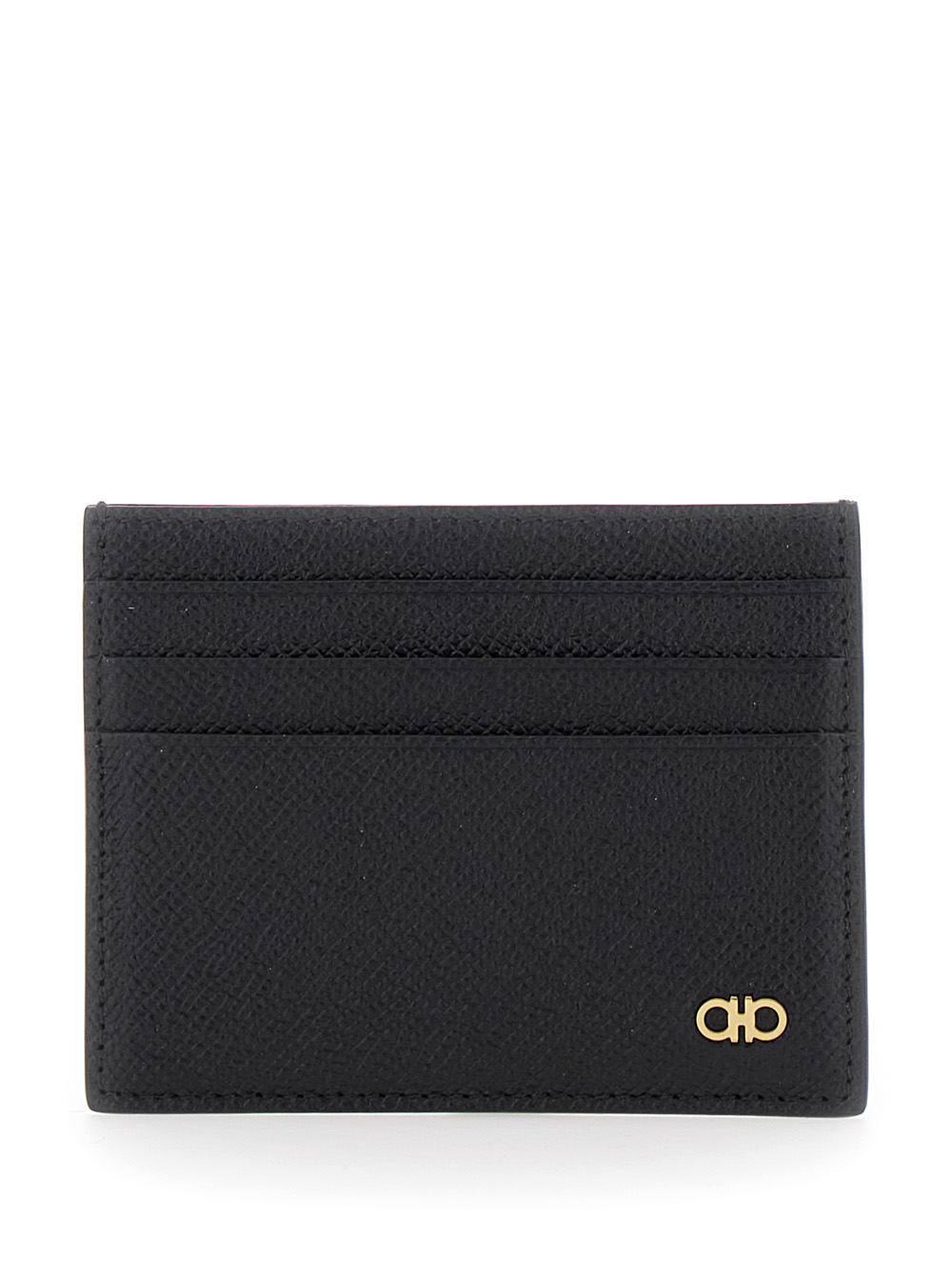 Ferragamo Men's Black Back Cardholder With Micro Gancini On The Front And Logo Lettering In Grained Leather Man Calf Products