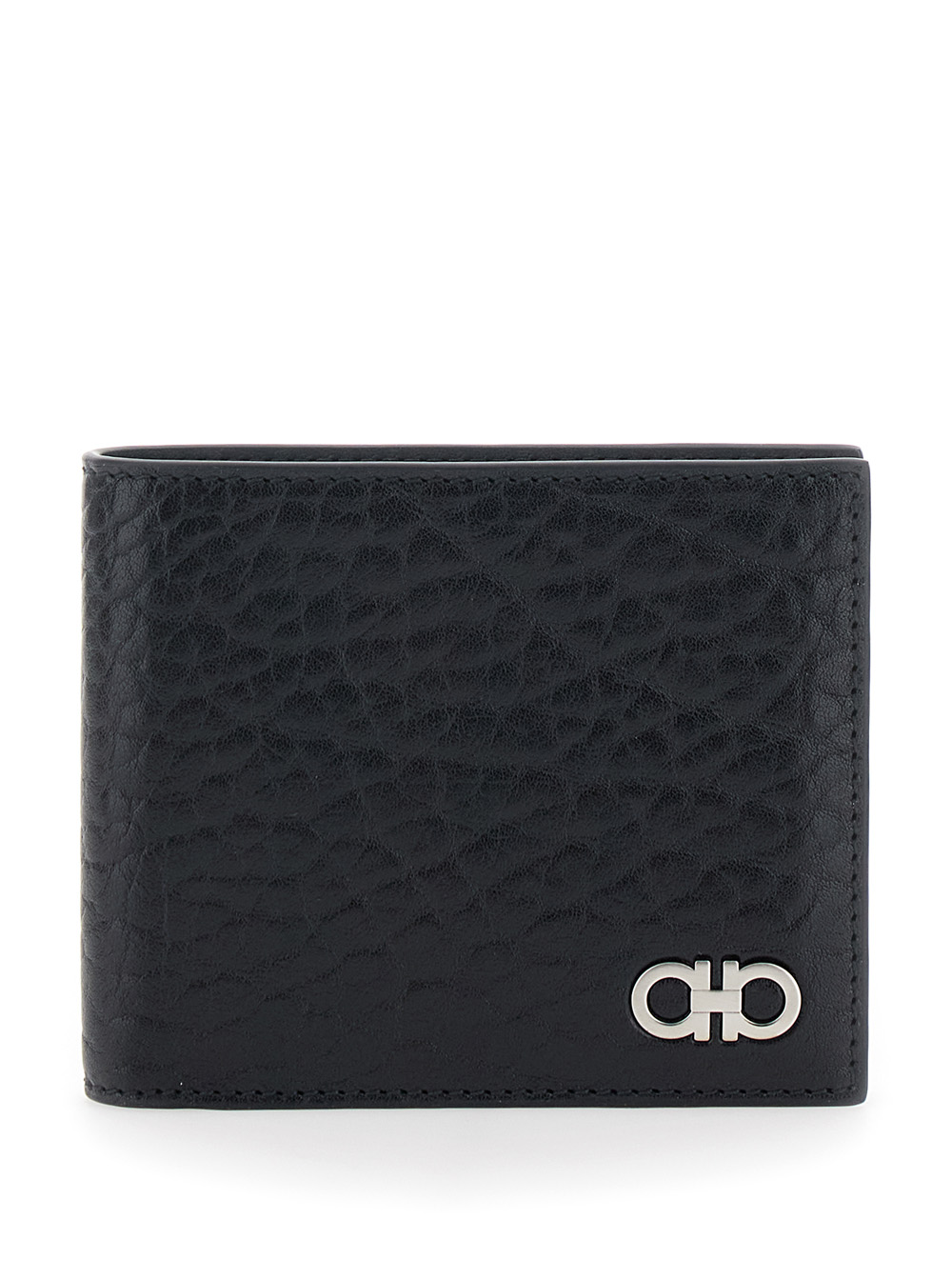 Ferragamo Men's Black Revival Wallet With Gancini Buckle On The Front In Grained Leather Man Calf Products