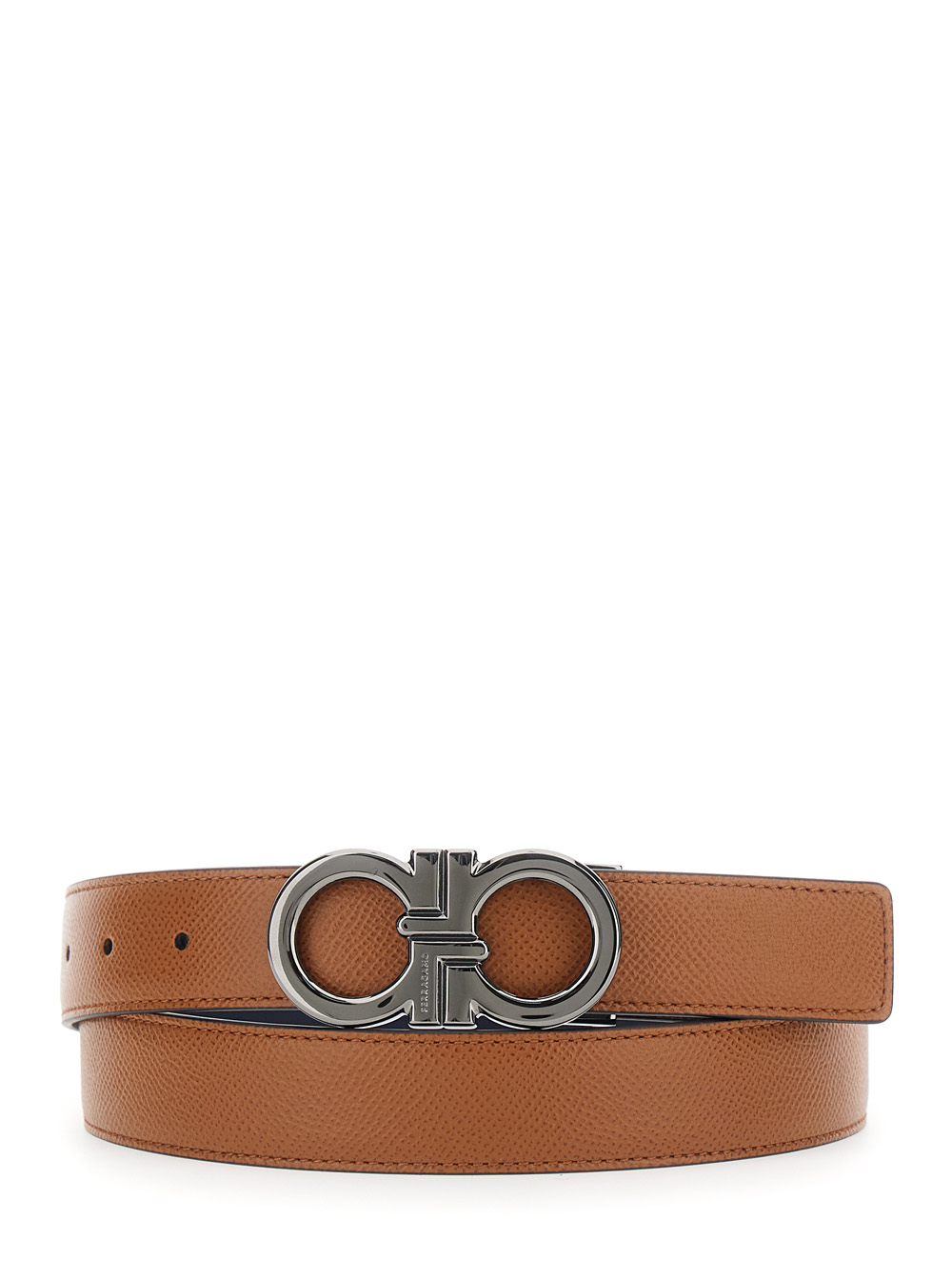 Ferragamo Men's Brown Reversible Belt With Gancini Buckle On The Front In Grained Leather For Calf