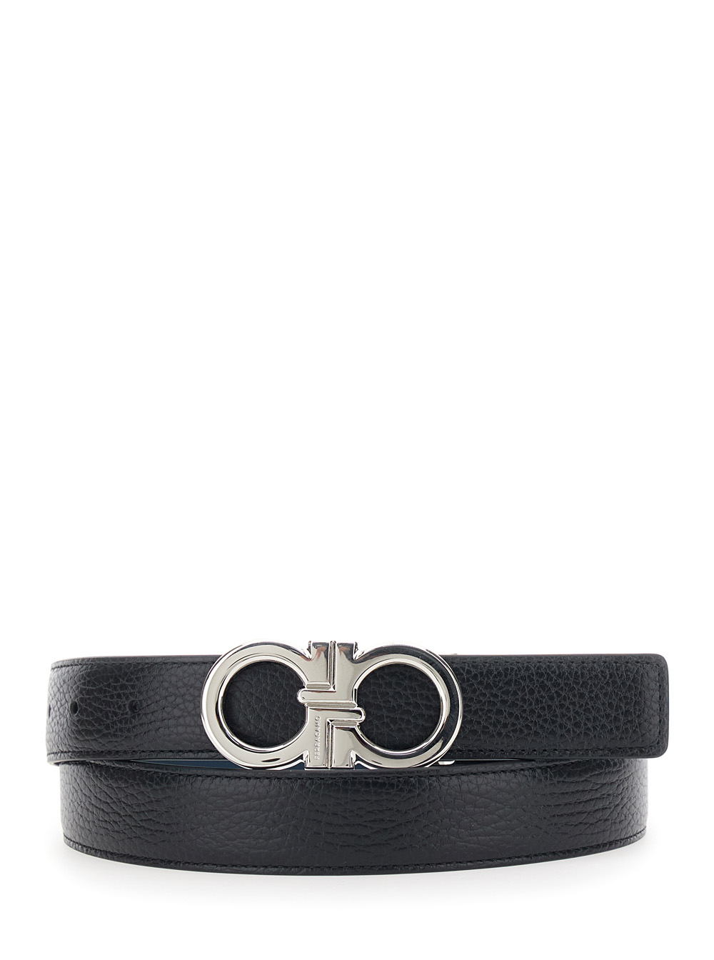Ferragamo Men's Black Reversible Belt With Gancini Buckle In Hammered Leather For Calf