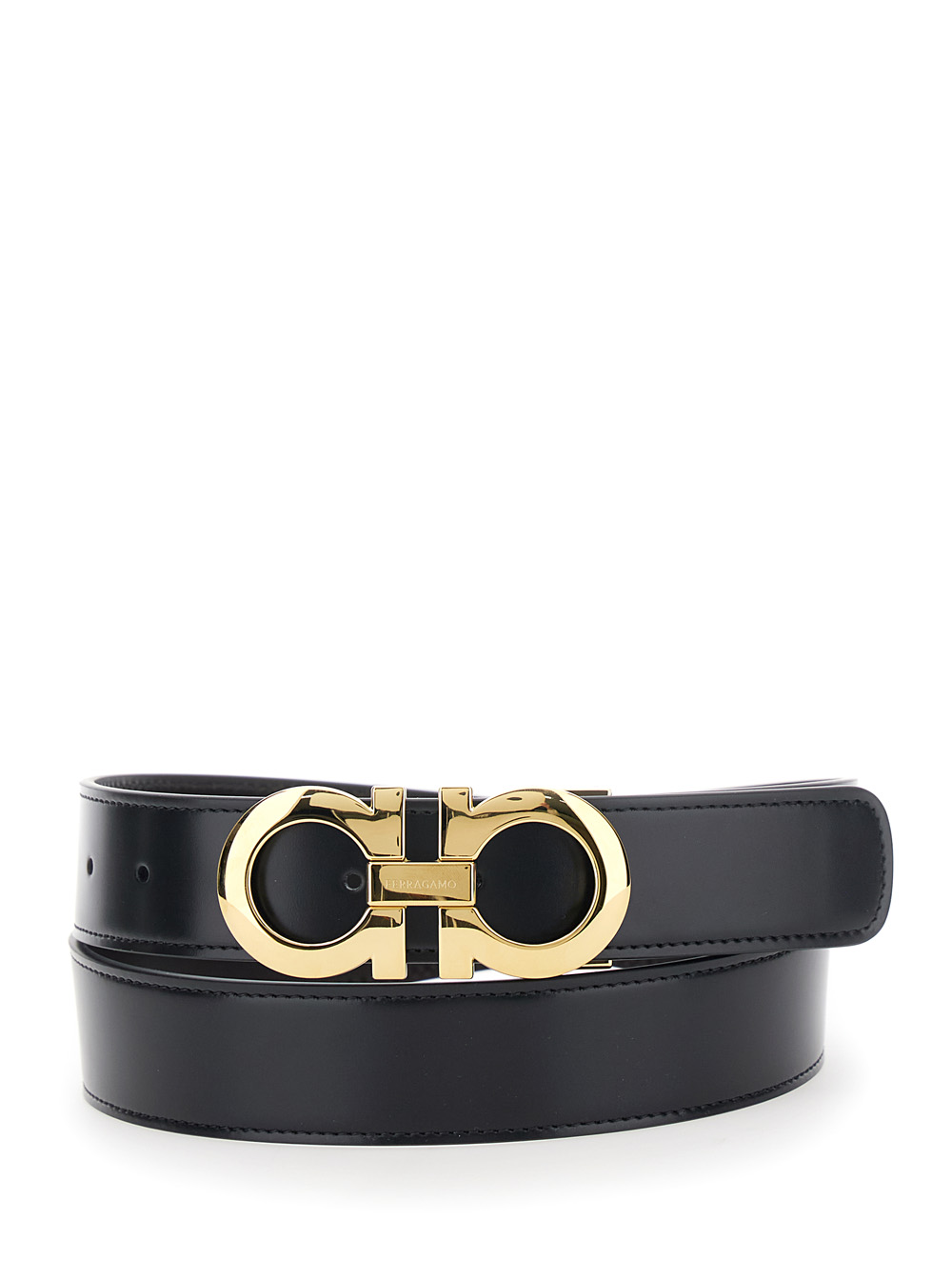 Ferragamo Men's Black Smooth Leather Belt With Gancini Buckle For Calf