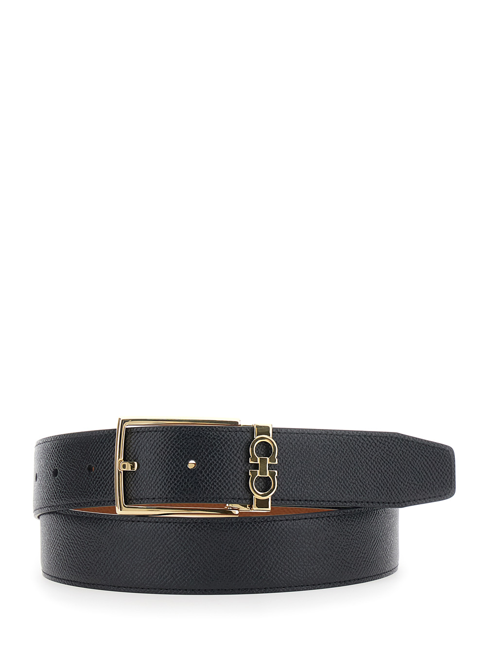 Ferragamo Men's Black Reversible Belt With Gancini Buckle In Hammered Leather For Calf
