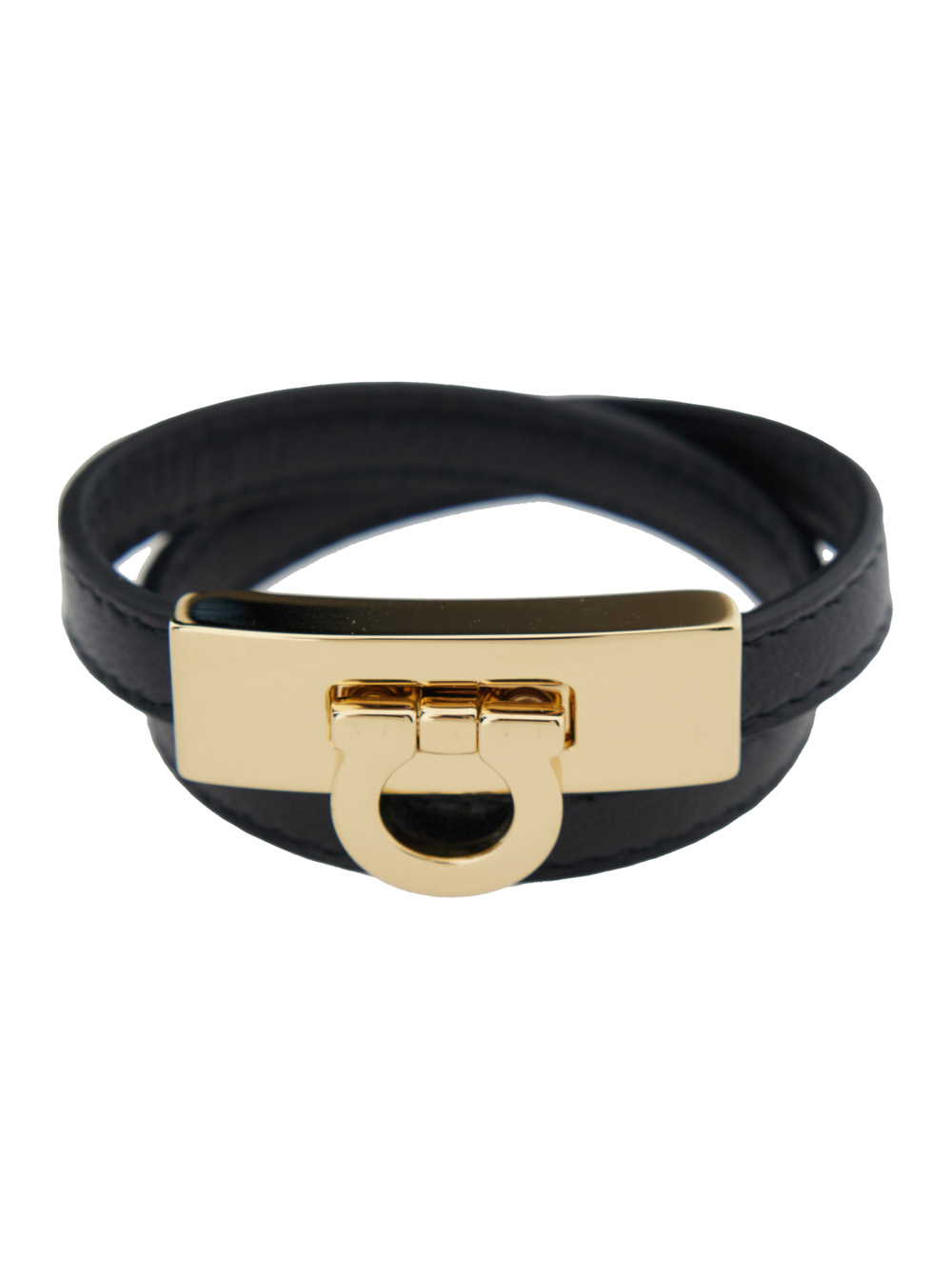 Ferragamo Women's Black Double Wrap Gancini Bracelet In Leather For Lamb Brass