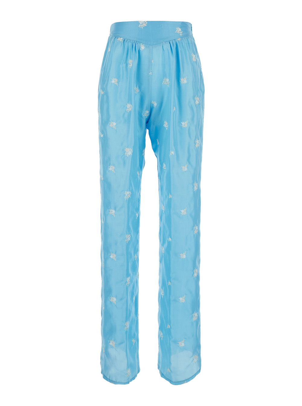 Forte_forte Petites Fleurs Embroidery Silk Flared Pants – Light Blue Floral Embroidered Women Trousers – Women