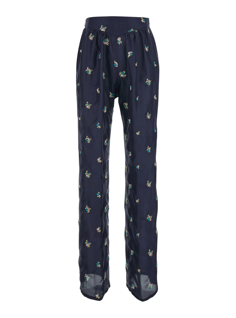Forte_forte Petites Fleurs Embroidery Silk Flared Pants – Blue With Floral In Women Blu Trousers – Women
