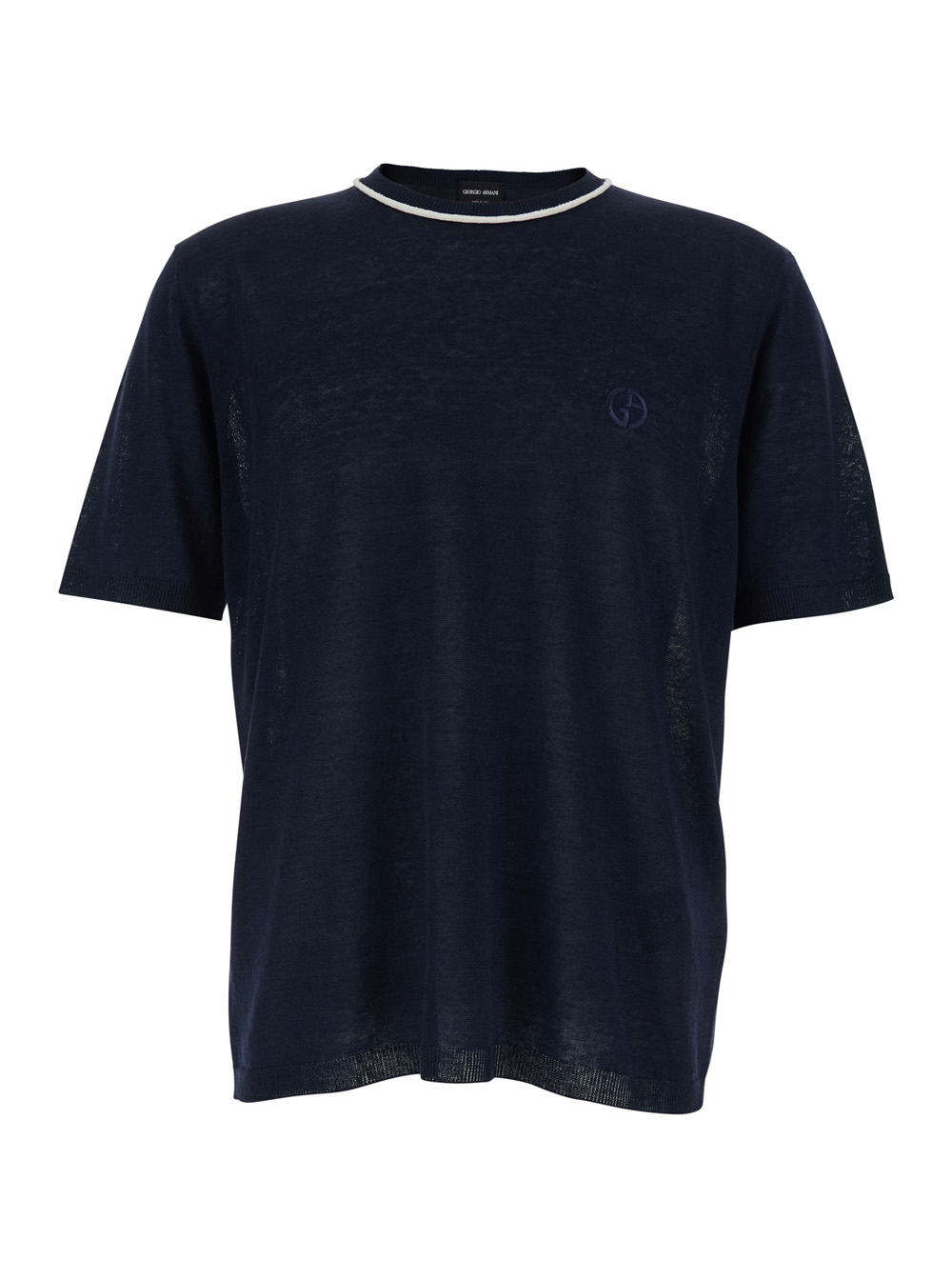 Giorgio Armani Men's Blu E Crew Neck T-Shirt With Tone-On-Tone Logo On The Front In Linen And Silk Blend For Jersey