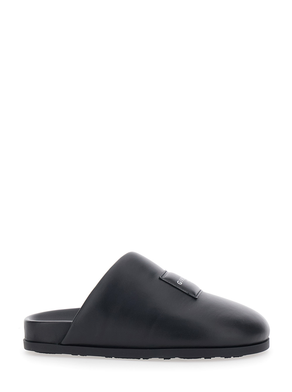 Givenchy Women's Black Mules With Asymmetrical Design And Padded Leather Logo Lamb Flat Shoes
