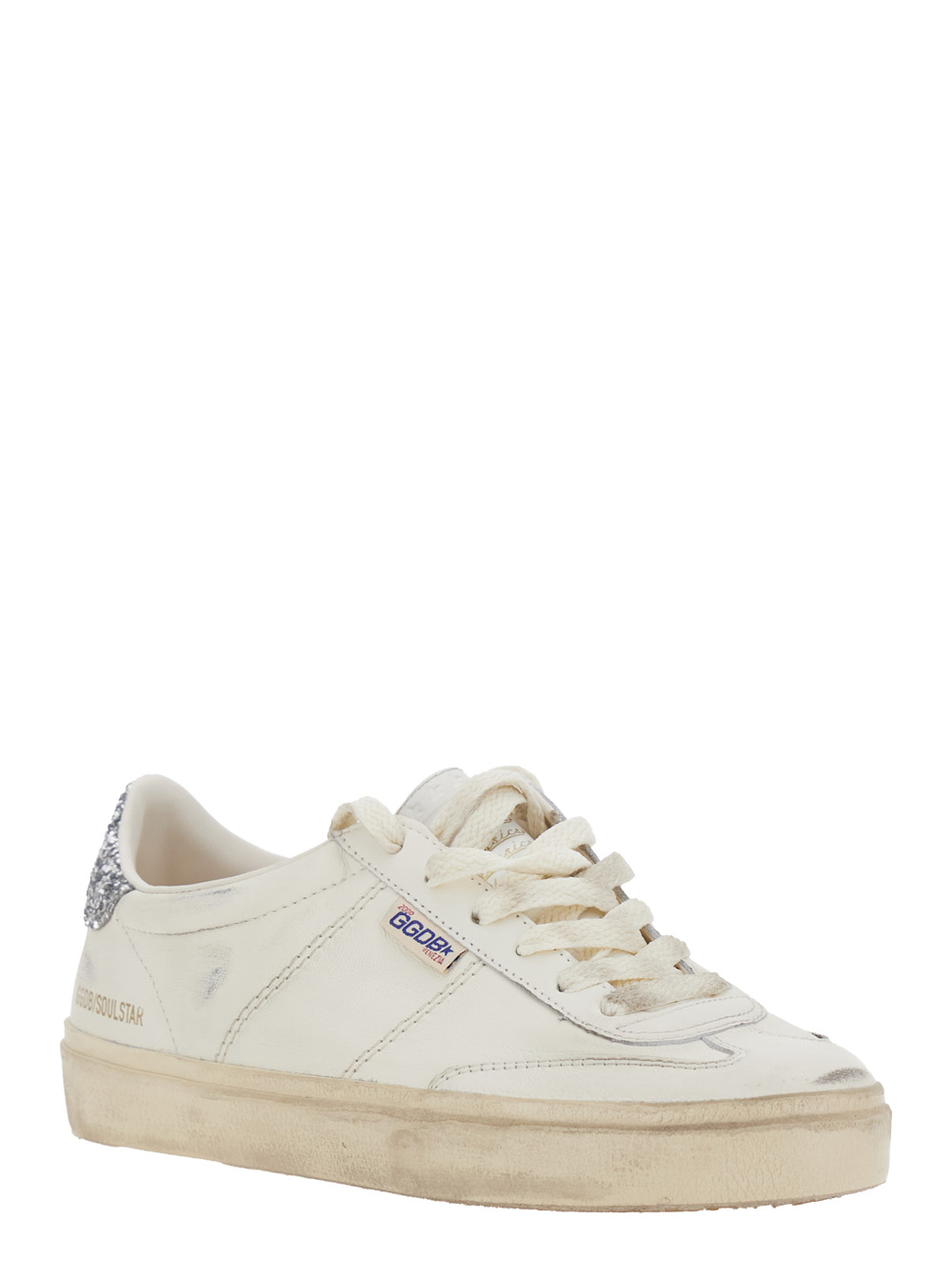 Golden Goose Women's White Soul-Star Low-Top Sneaker With Glitter Heel And Logo Lettering In Leather Woman Ovine Cow