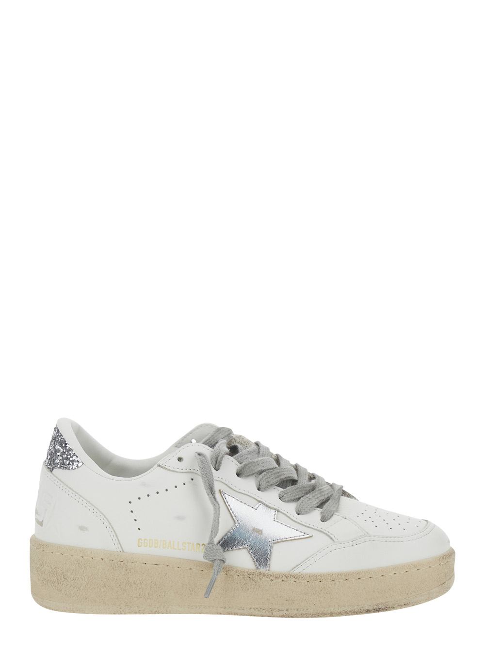Golden Goose Women's White Ballstar 2 Sneaker With Star Patch Glitter And Heel Logo Lettering Leather