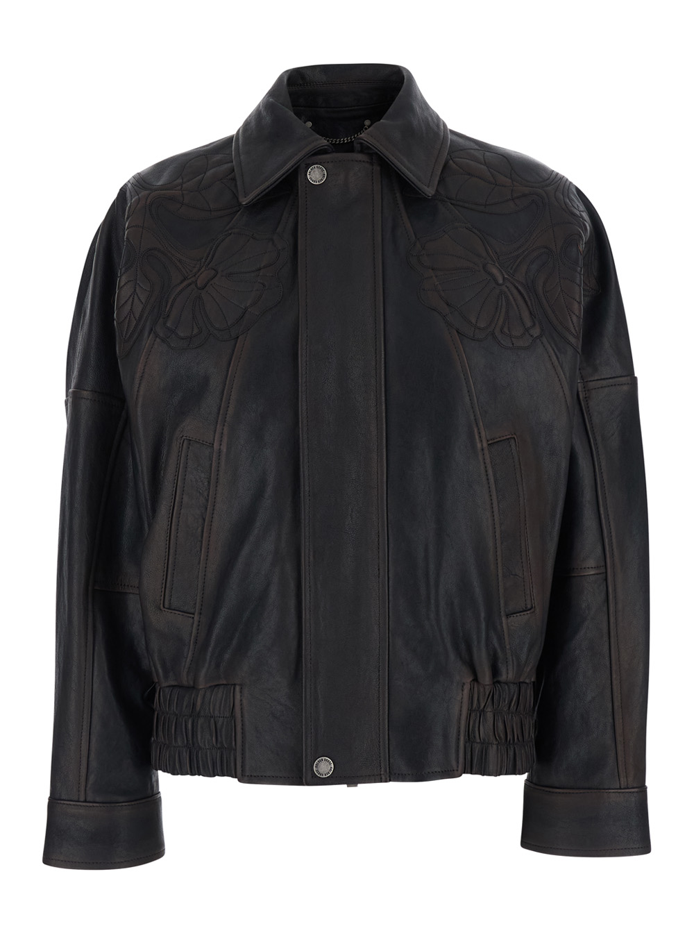 Golden Goose Journey Jacket with Classic Collar and All-Over Floral Embroidery in Brown Leather for Women Ovine Outerwear – Women