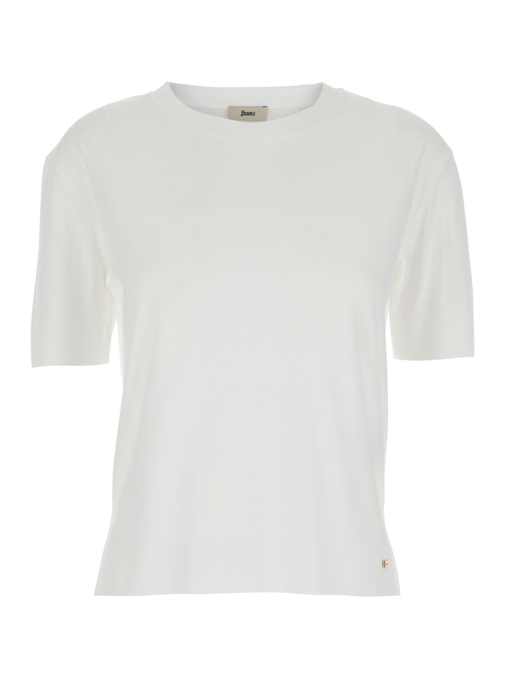 Herno Women's White Round Neck T-Shirt With Logo Plate On The Front In Cotton Blend Lyocell Tshirts And Polo Shirts