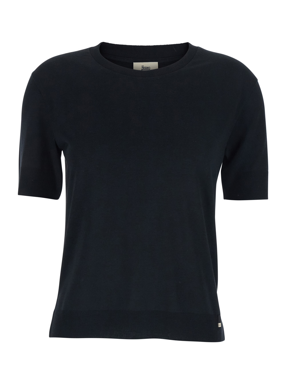 Herno Women's Black Crew Neck T-Shirt With Logo Plate On The Front In Cotton Blend Lyocell Tshirts And Polo Shirts