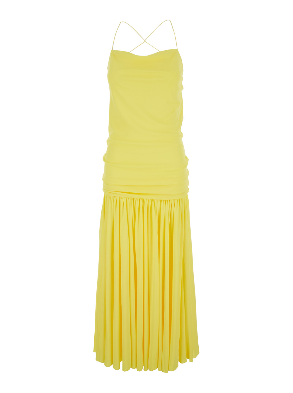 Jacquemus Women's Yellow Dress With Straight Neckline And Gathered Waist In Tech Fabric For Viscose Polyamide Long