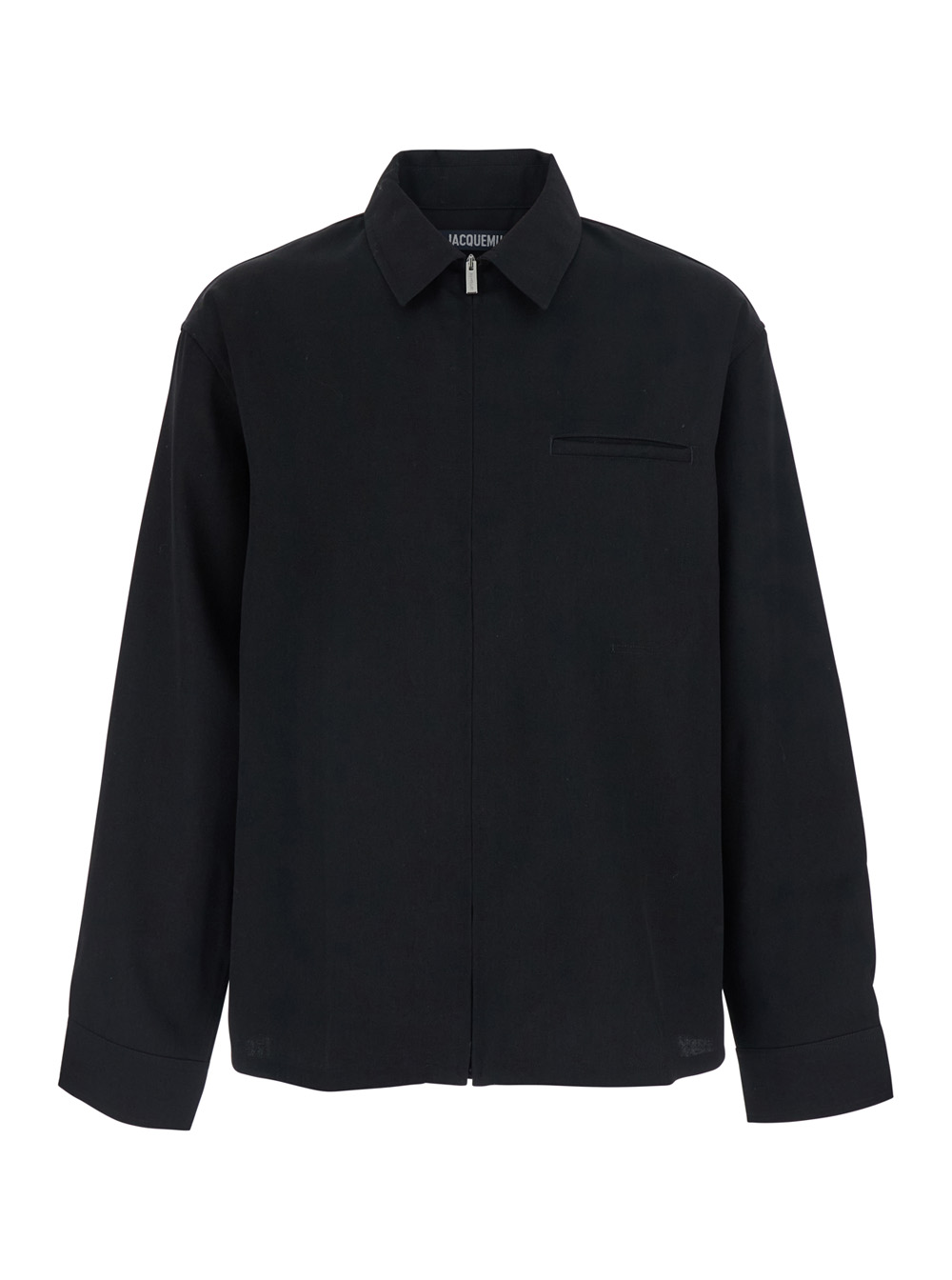 JACQUEMUS Jacquemus La Chemise Mecano Black Shirt With Zip Closure And Maxi Logo Lettering On The Back In Wool For Men Virgin Blou